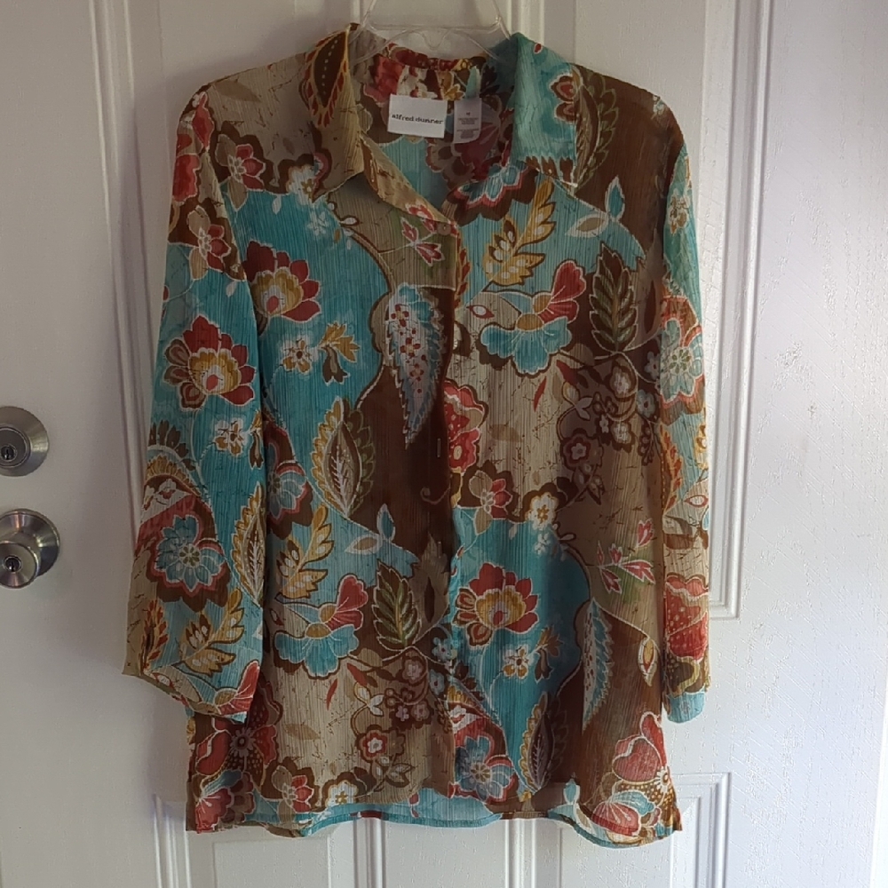 Alfred Dunner Teal and Brown Floral Blouse